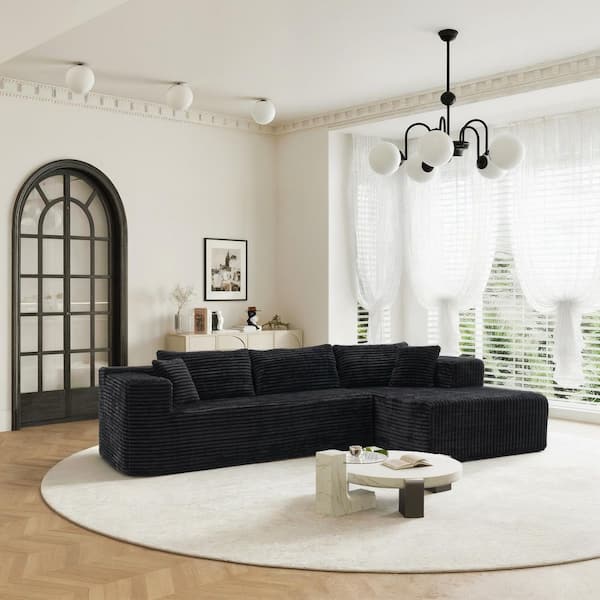 106 in. Square Arm 2-Piece Corduroy Upholstery L-Shaped Sectional Sofa with Compression Foam Construction in Black