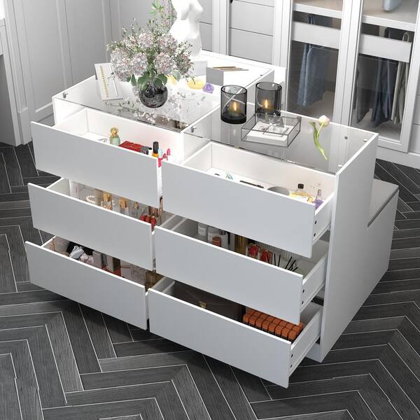 FUFU&GAGA 9-Drawers White Shoe Storage Bench with Seat, Glass Top