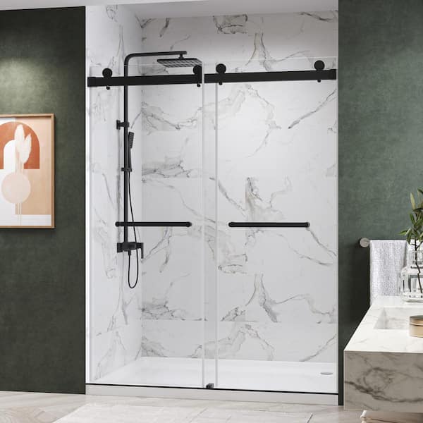 Kobiworks Catalyst-Plus 48 in. W x 76 in. H Sliding Frameless Shower Door in Matte Black with Soft Closing and 3/8 in. Clear Glass