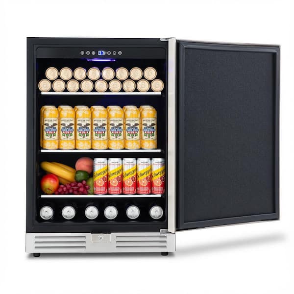 23.42 in. Single Zone 220 Can Beverage Cooler w/3 Tempered Glass Shelves Built in Beer Fridge Childproof Lock in Silver