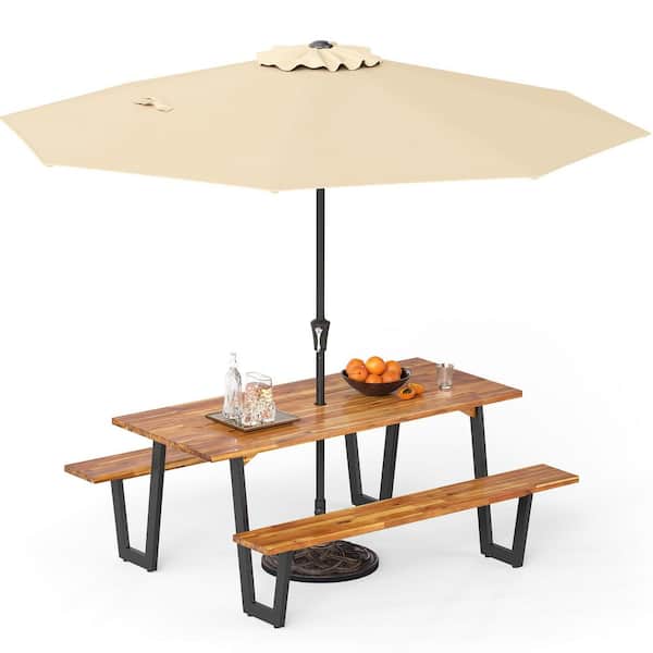 71 in. Brown Rectangle Acacia Wood Picnic Table Set Table Bench Outdoor Patio