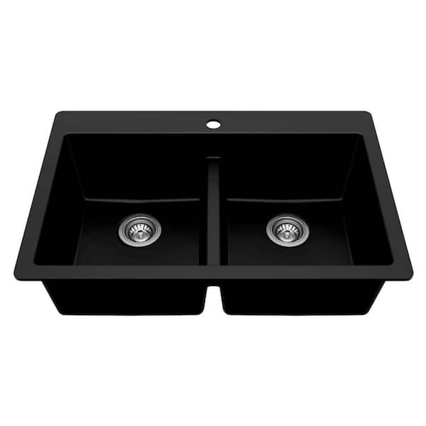 33 in. Drop-In 50/50 Double Bowl Black Granite Composite Kitchen Sink with Stainless Steel Strainers