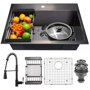 All-in-One Matte Black Finished Stainless Steel 25 in. x 22 in. Drop-In Single Bowl Kitchen Sink with Spring Neck Faucet