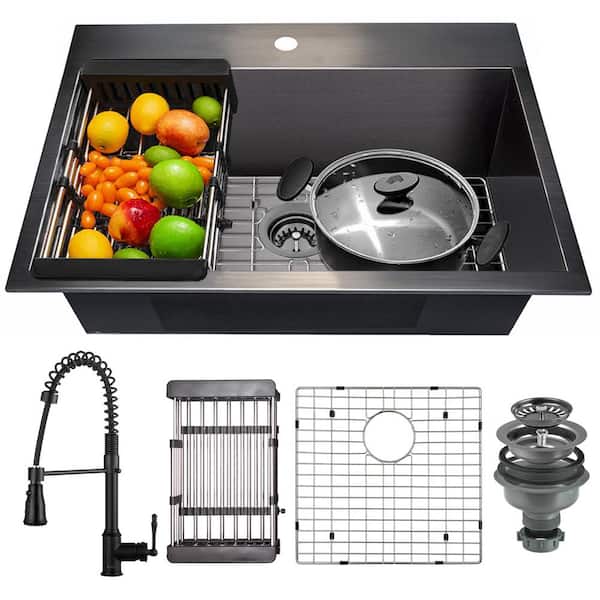 AKDY All-in-One Matte Black Finished Stainless Steel 25 in. x 22 in. Drop-In Single Bowl Kitchen Sink with Spring Neck Faucet