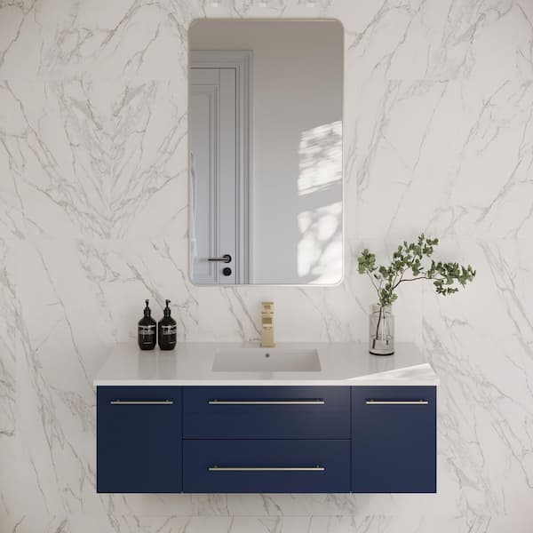 Lucera 48 in. Single Sink Wall Mount Floating Royal Blue Bath Vanity with White Quartz Top and Undermount Ceramic Sink