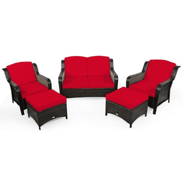 WELLFOR 5-Piece Wicker Patio Conversation Set with Red Cushion and Ottoman