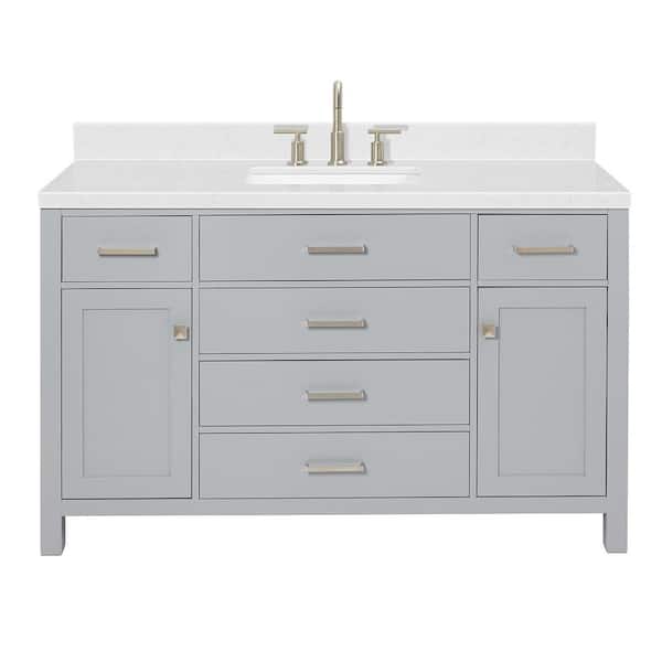 Bristol 54.25 in. W x 22 in. D x 36 in. H Single Sink Freestanding Bath Vanity in Gray with Carrara White Quartz Top