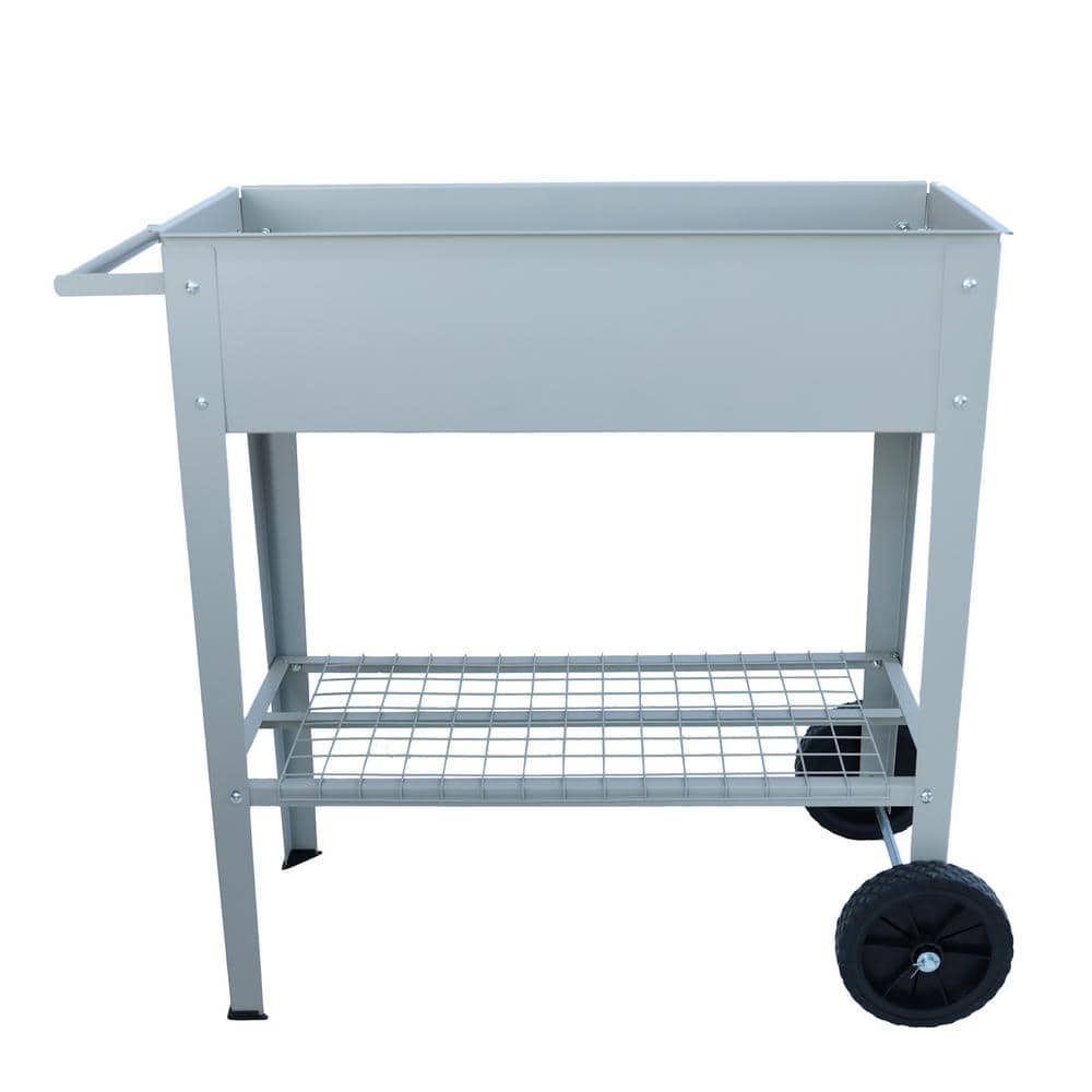 Gray Metal Rectangular Raised Garden Bed Cart with Wheels