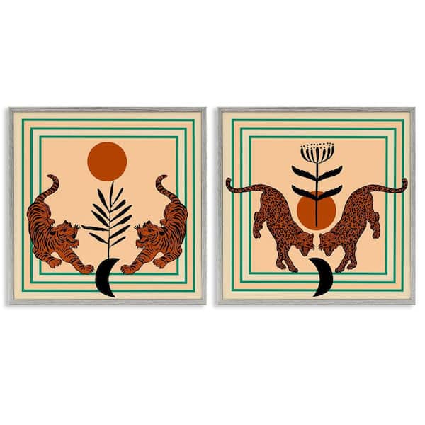 Stupell Industries Boho Symmetrical Wild Cats by Melissa Wang 2 Pieces Gray Framed Animal Giclee Art Print 17 in. x 17 in.