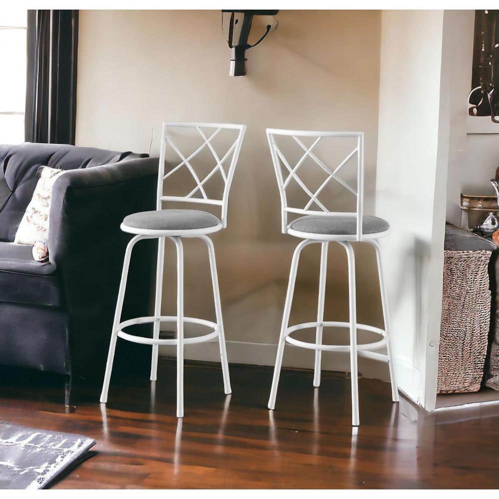 White and Gray Metal Swivel Bar Stools with Criss-Cross Back, Set of 2