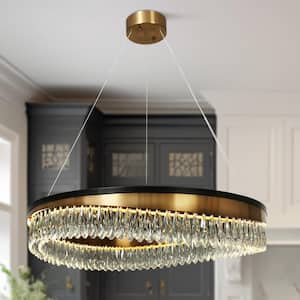 Delphinium 1-Light Dimmable Integrated LED Matte Black and Plating Brass Crystal Wagon Wheel Chandelier for Living Room
