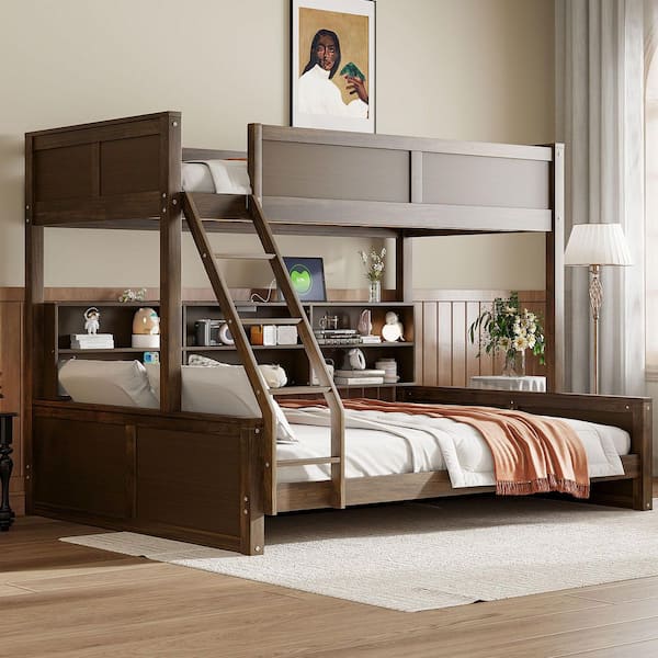 Antique Wood Color Twin XL Over Queen Wood Bunk Bed with Storage Shelves and USB Ports