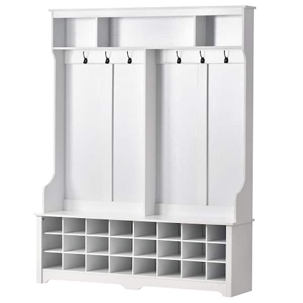 White Hall Tree Coat Rack With Bench, Hooks And 24-storage Cubbies For 