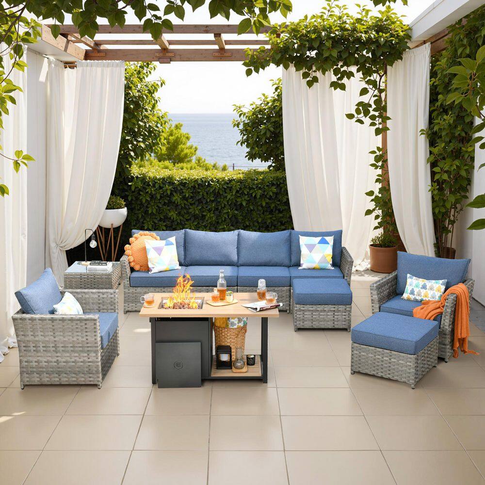 Eufaula Gray 10-Piece Wicker Modern Outdoor Patio Conversation Sofa Set with a Storage Fire Pit and Denim Blue Cushions price history on PriceWatchPro