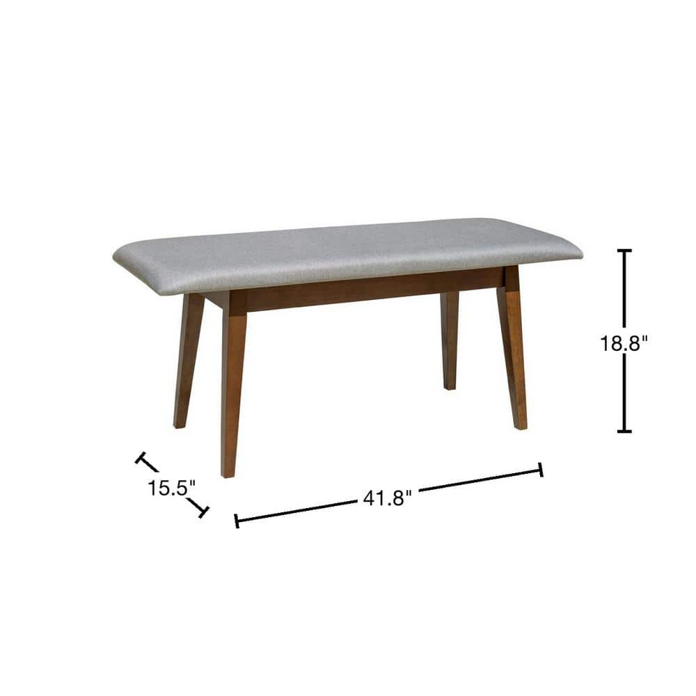 Gray Upholstered Walnut Wood Mid-Century Dining Bench