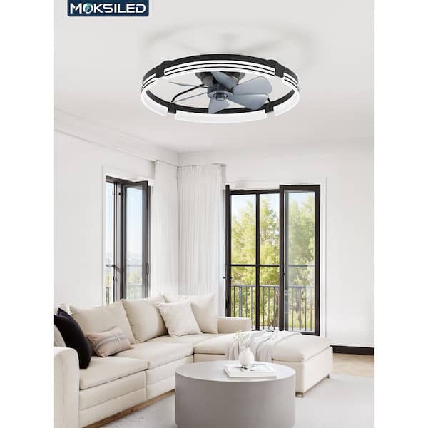 24 in. Indoor Black Dimmable Fandelier LED 6-speed Flush Mount Low Profile Ceiling Fan with Light and Remote for Bedroom