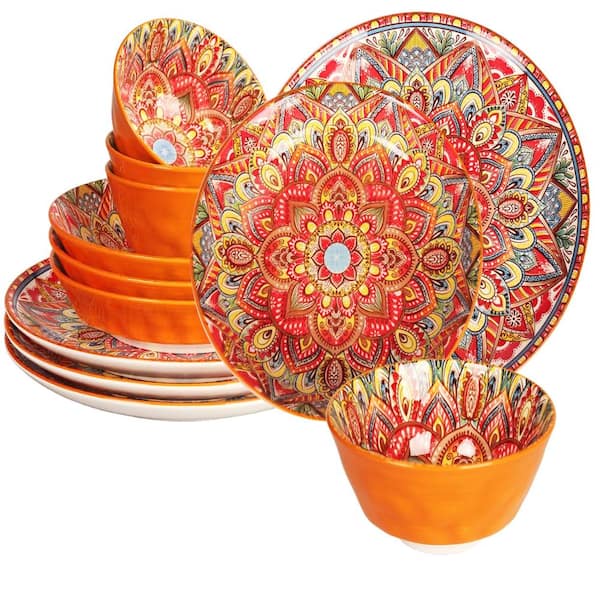 12-Piece Boho Mandala Dinnerware Set, Service for 4, Porcelain Plates and Bowls with 10" Dinner Plate, 8" Salad Plate