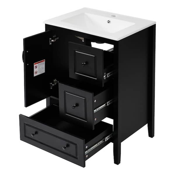 24 in. Single Sink Freestanding Black Bath Vanity with White Ceramic Top and 3 Soft-Close Drawers, Unassembled