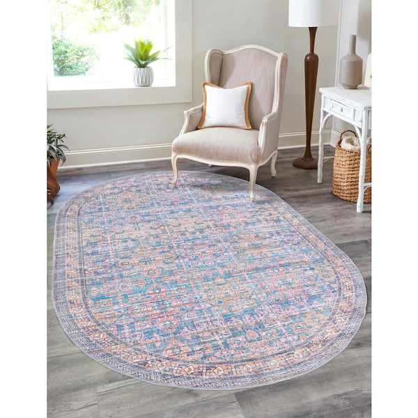 Nostalgia Bliss Antique Blue 5 ft. x 8 ft. Oval Machine Washable Area Rug