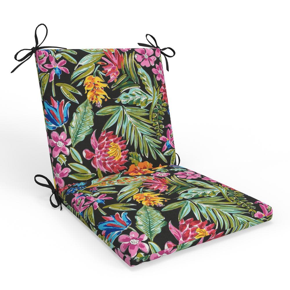 Pillow Perfect Tropic Floral 18 in W x 3 in H Outdoor 1-Piece Solid Back Dining Chair Cushion Set /w Ties 1-Count in Island Black