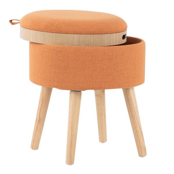 Lumisource Tray 17 in. Orange Fabric and Natural Wood Stool with Tray Top Lid