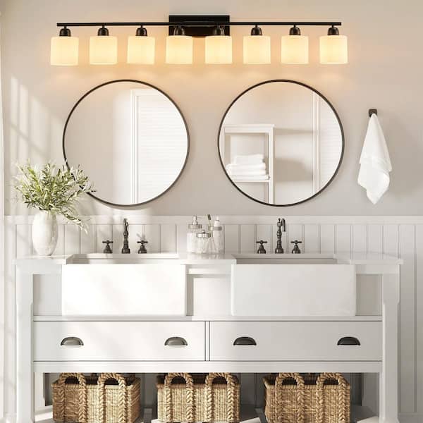 52 in. W 8-Light Black Vanity Light with Frosted Glass Shades, Up/Down Mount for Mirror, Hallway (No Bulb included)