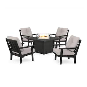 Oxford 5-Pieces Plastic Patio Fire Pit Deep Seating Set in Black with Dune Burlap Cushions