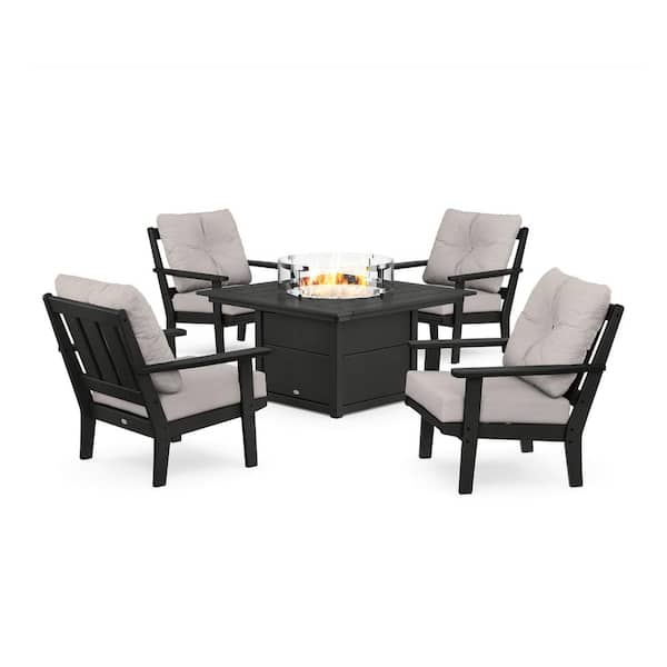 POLYWOOD Oxford 5-Pieces Plastic Patio Fire Pit Deep Seating Set in Black with Dune Burlap Cushions