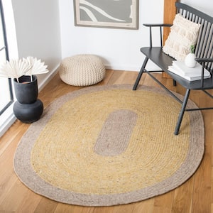 Braided Gold Beige 5 ft. x 7 ft. Abstract Striped Oval Area Rug
