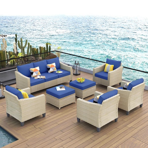 HOOOWOOO Oconee Beige 7-Piece Beautiful Outdoor Patio Conversation Sofa Seating Set with Navy Blue Cushions