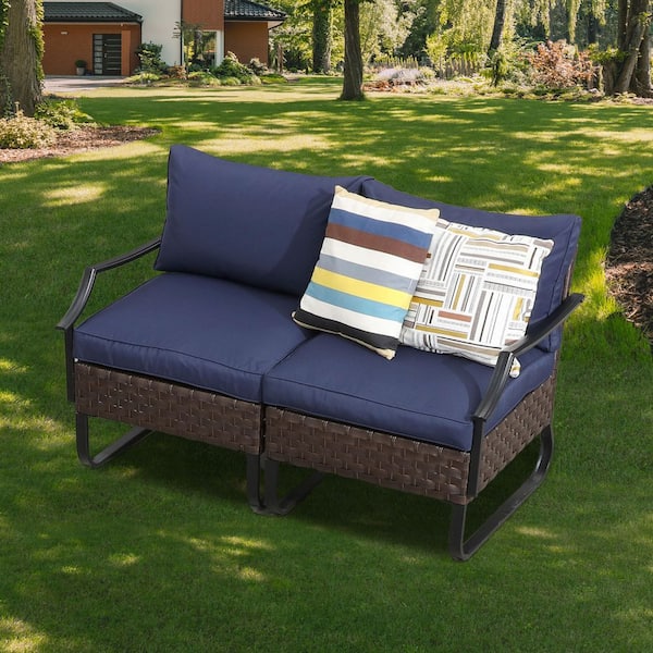Patio Festival U-Leg Collection 2-Piece Wicker Outdoor Loveseat with Blue Cushions