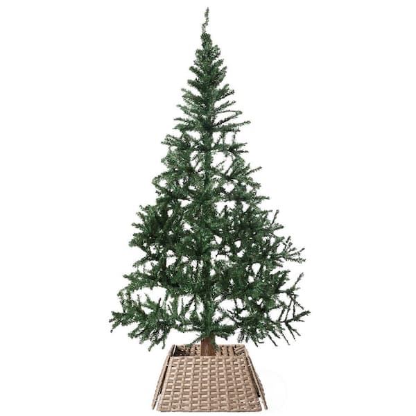Grey Plastic, Rattan Foldable Christmas Tree Skirt Collar Basket, Ring Base Stand Cover