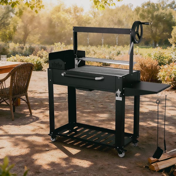 Black Argentinian Santa Maria Charcoal BBQ Grill with Firebricks, Outdoor Gaucho Asado Wood Fire Cooking