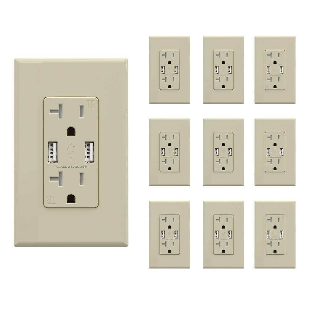 ELEGRP 3.6Amp USB Outlet, Dual Type A In-Wall Charger with 20 Amp Duplex Tamper Resistant Outlet, Ivory (10-Pack) -  R1620D36-IV10