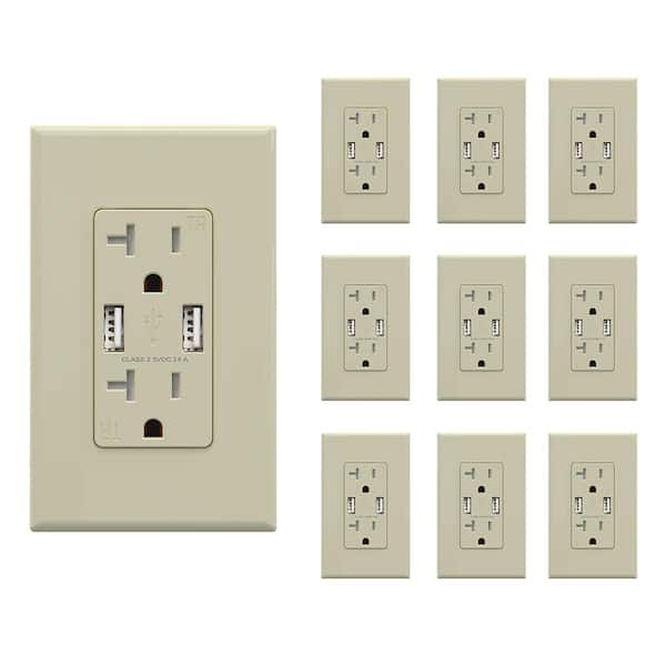 ELEGRP 3.6Amp USB Outlet, Dual Type A In-Wall Charger with 20 Amp Duplex Tamper Resistant Outlet, Ivory (10-Pack)
