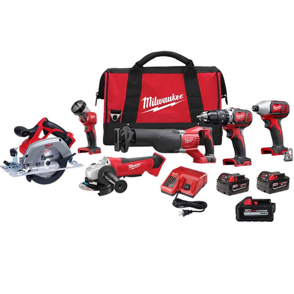 Milwaukee M18 18-Volt Li-Ion Cordless Combo Kit (6-Tool) w/Two 3.0 Ah Batteries, 1 6.0 Ah Battery, 1 Charger, and 1 Tool Bag -  2696-26-48-65