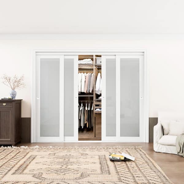 96 in. x 80 in. 1-Lite Tempered Frosted Glass White Finished Solid Core Interior Closet Sliding Door with Hardware
