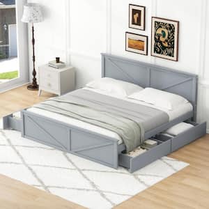 Gray Wood Frame King Size Platform Bed with 4 Storage Drawers