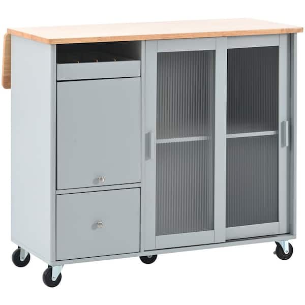 grossag Gray Blue Wood 44 in. Kitchen Island with 2 Fluted Glass Doors and 1 Flip Cabinet Door, LED Lights, 5 Wheels, 2-Drawers