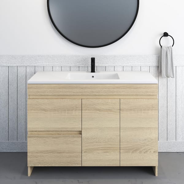 VOLPA USA AMERICAN CRAFTED VANITIES Mace 48 in. W x 20 in. D Single Sink Bathroom Vanity Left Side Drawers In White Oak With Acrylic Integrated Countertop