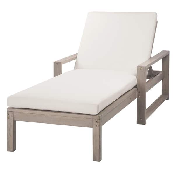 Unbranded Gray Acacia Wood Outdoor Lounge Chair with Beige Cushion, Patio Chaise Lounge with Adjustable Backrest (1-Pack)