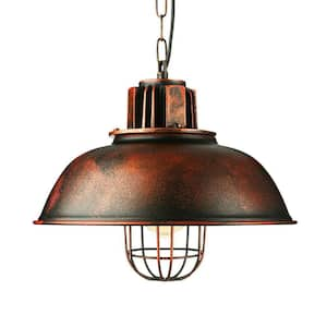 1-Light Rust Retro Farmhouse Industrial Cage Pendant Light with Iron Shade