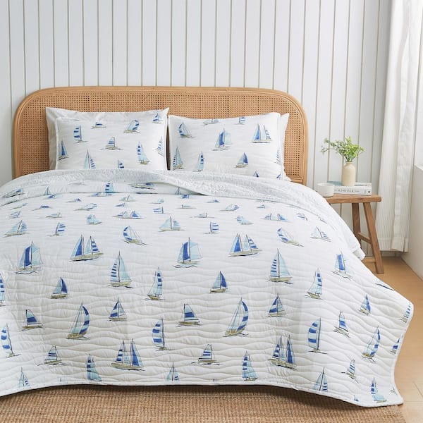 Blue Ultra-Soft Coastal Printed Reversible Microfiber Quilt Set