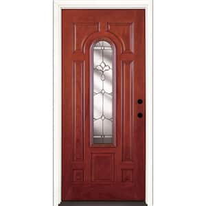 37.5 in. x 81.625 in. Carmel Patina Center Arch Lite Stained Cherry Mahogany Left-Hand Fiberglass Prehung Front Door