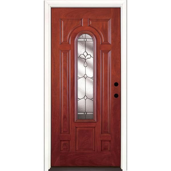Feather River Doors 37.5 in. x 81.625 in. Carmel Patina Center Arch Lite Stained Cherry Mahogany Left-Hand Fiberglass Prehung Front Door