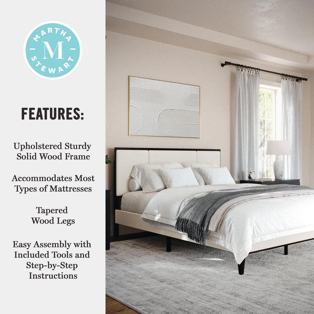 Queen Dark Brown and Beige Upholstered Wood Platform Bed