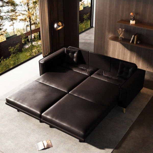 Button Tufted 3-in-1 Convertible 92.1 in Dark Brown Faux Leather King Size Pull out Sofa Bed with 2-Pillows