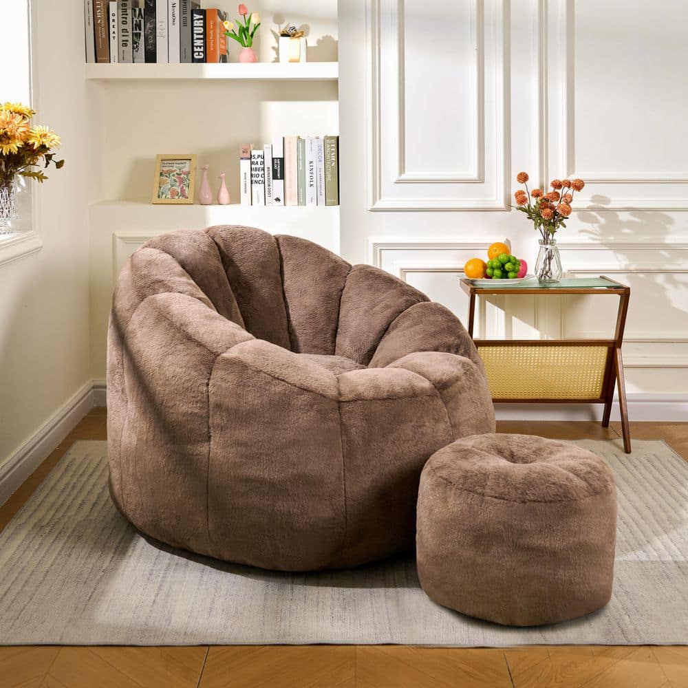 Brown Faux Fur Giant Oversized Ultra Plush Fluffy Comfortable Soft Shell Shaped Floor Sofa Lounge Seat Bean Bag