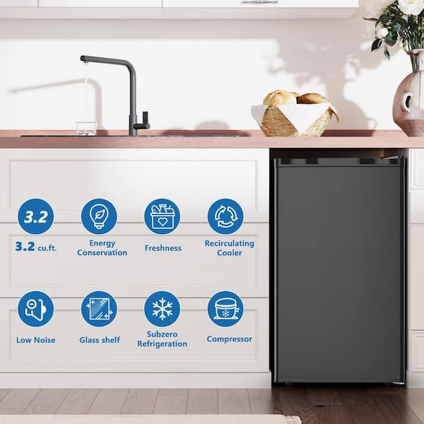 17.52 in. 3.2 cu. ft. Mini Refrigerator with Freezer, Removable Glass Shelf Reversible Door in Black