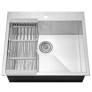 Handmade Drop-in Stainless Steel 25 in. x 22 in. Single Bowl Kitchen Sink with Drying Rack